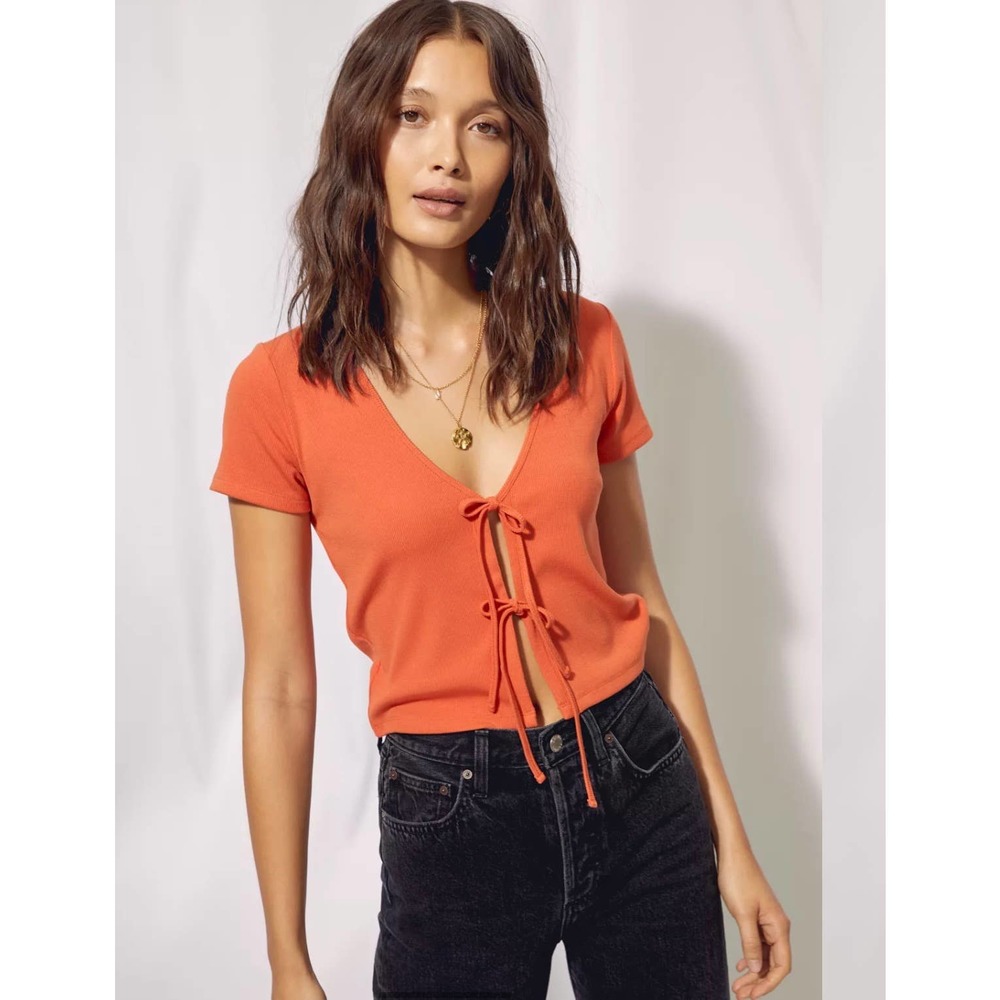 Aritiza Wilfred Free Alisha Shirt Women’s Open Tie Front Ribbed Top Size XS